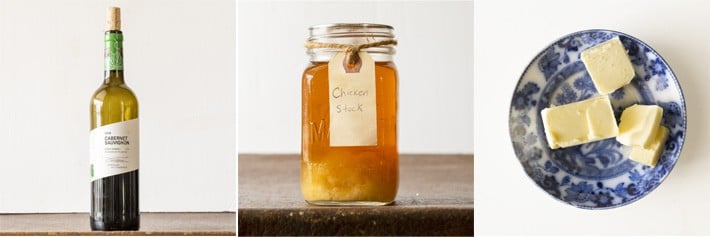 A grid of simple pan sauce ingredients including red wine, chicken broth and butter.