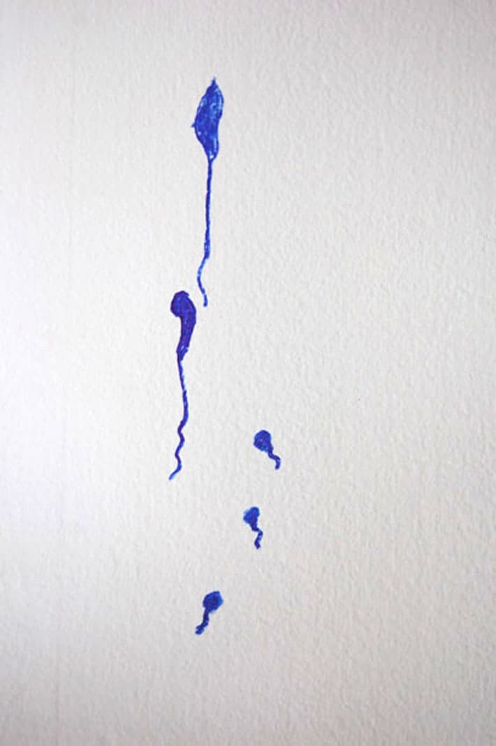 blue sharpie splatters on white wall