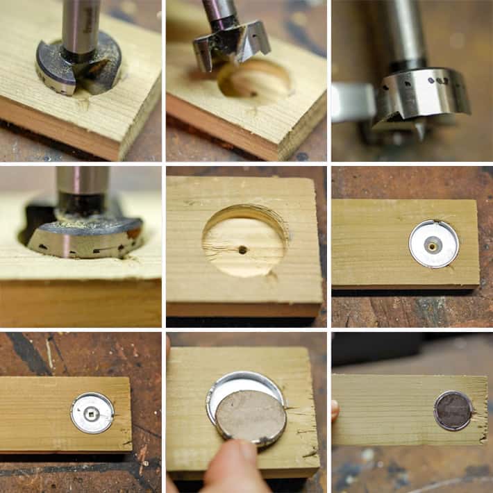 Photographic grid showing steps to installing rare earth magnets into wood for making a magnetic gate latch.