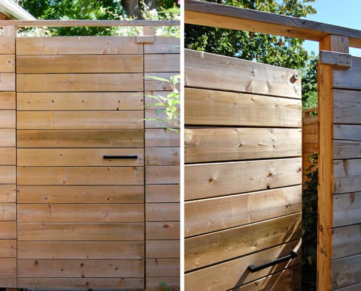 Modern fence with horizontal boards, a simple handle and magnetic latch.