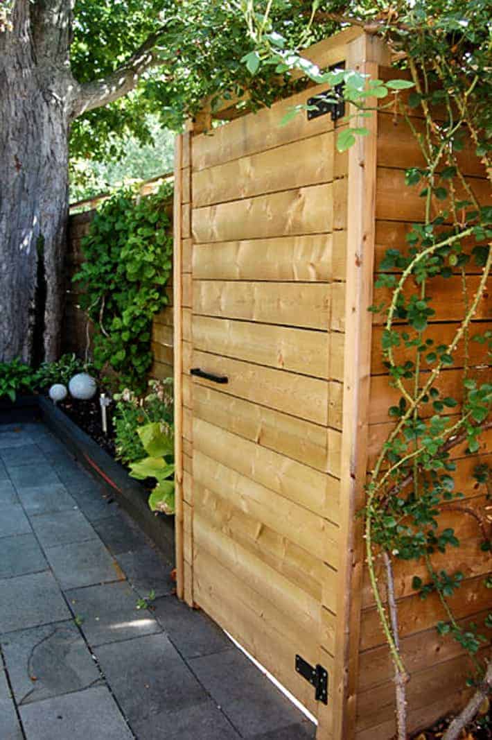 Wood fence gate with horizontal boards surrounded by an arbour with climbing roses.