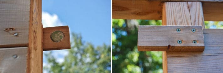 Side by side image of a magnetic latch on a fence seen from the front and the back.