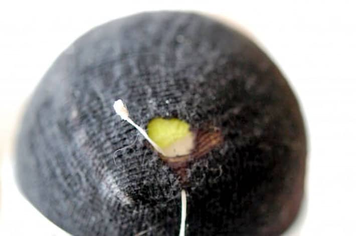 How to darn a sock Black sock over yellow tennis ball being darned with white thread.
