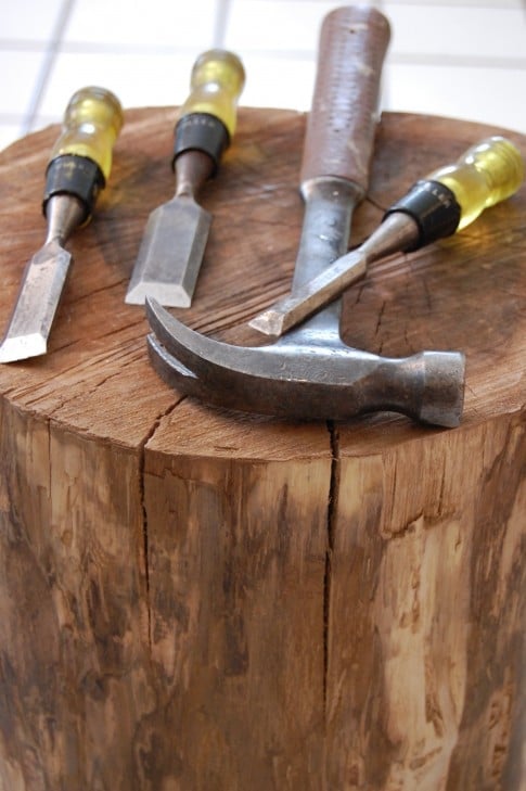 Hammer and chisels for making DIY stump table.