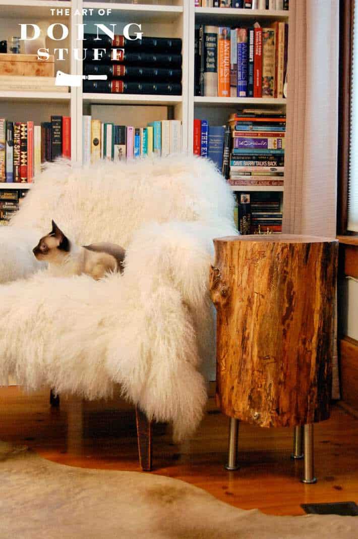 Siamese cat sits in a fluffy chair beside tree stump table.