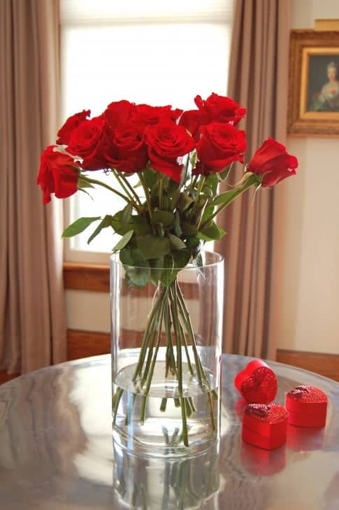 A dozen red roses in a clear cylinder vase looking neat and tidy because the stems are pulled together with a string.