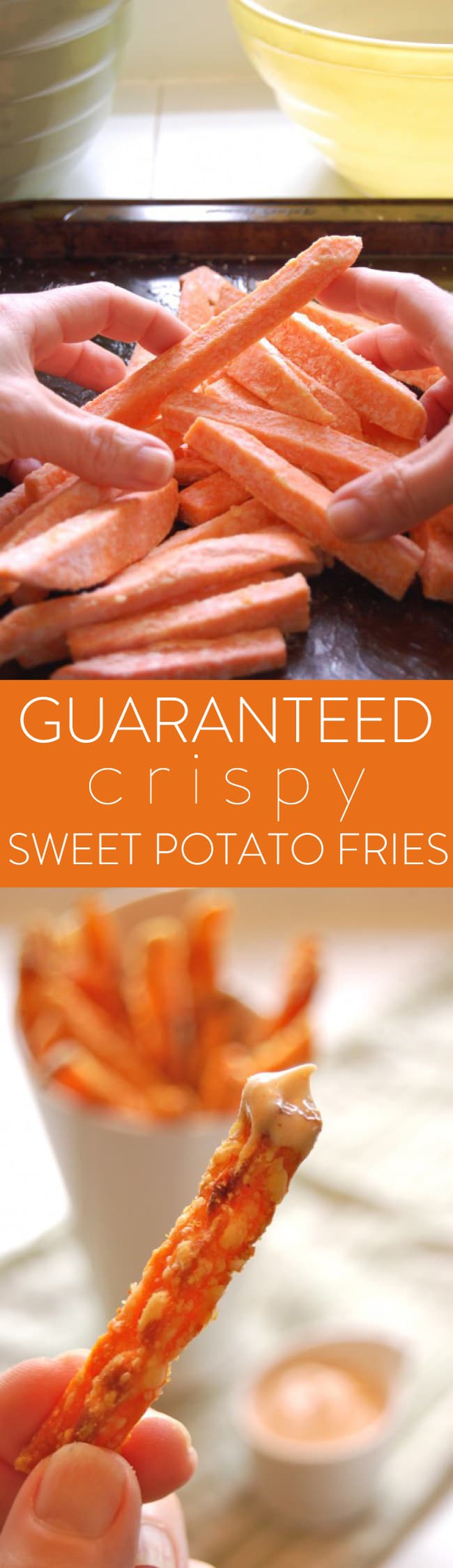 Yes. Guaranteed. Crispy. Sweet Potato Fries. There's one secret ingredient (corn starch, so not so secret) and a few tips and techniques that you have to follow. But if you do, it'll work and no more soggy sweet potato fries.