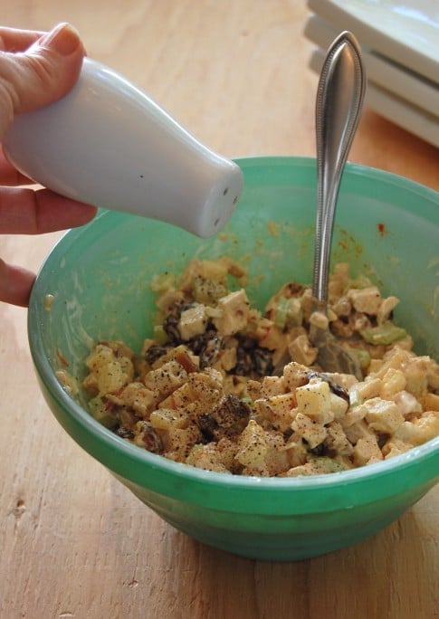 White salt shaker being used to adjust seasoning in curry chicken salad.