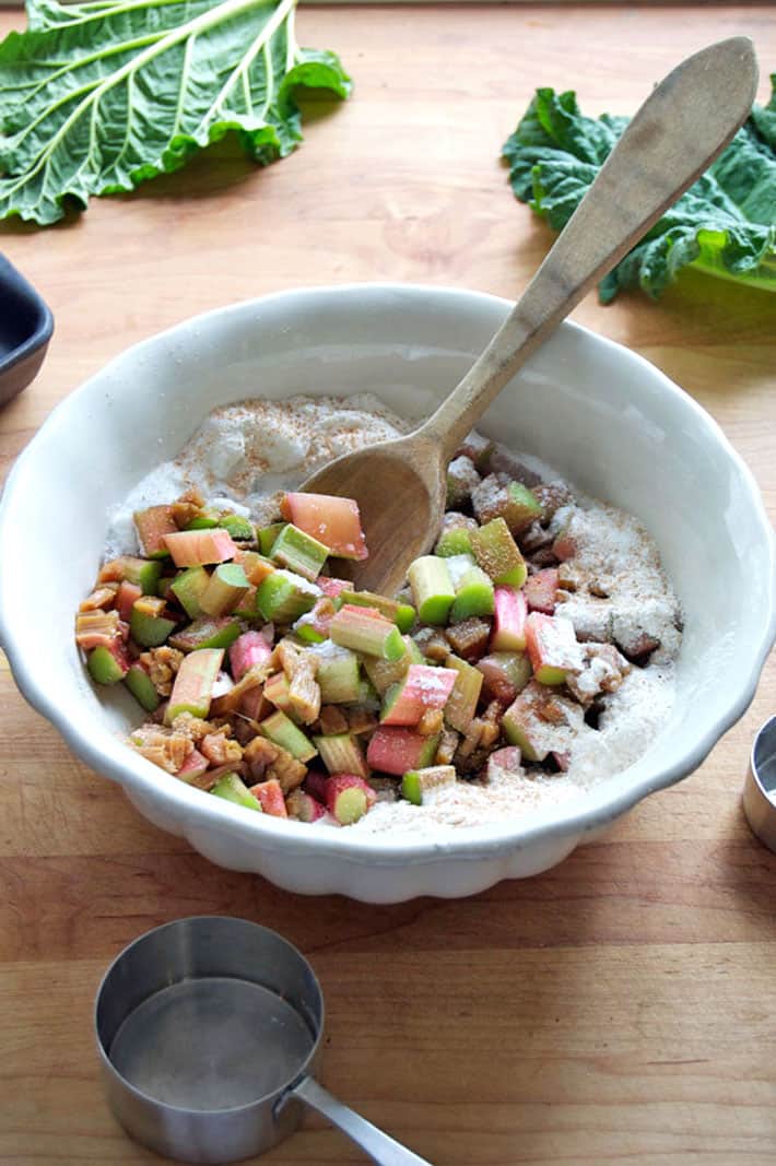 Rhubarb, cinnamon and sugar being mixed with antique wood spoon in ironstone bowl.