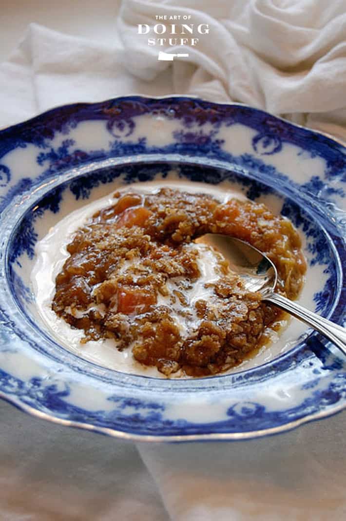 Rhubarb crisp drenched in heavy cream in a flow blue bowl.
