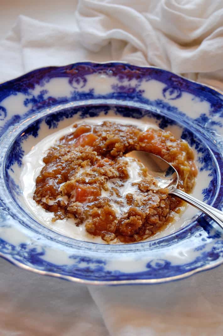 Rhubarb crips surrounded by heavy cream in an antique flow blue bowl. 