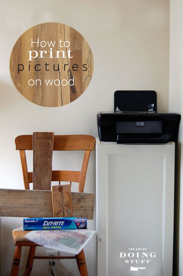 Printer on cabinet for printing on wood with just waxed paper.