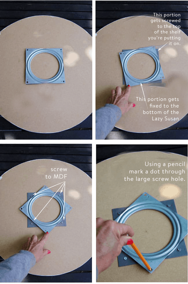 How to DIY a custom Lazy Susan for your cupboards. Lazy Susan hardware being fixed to the back of a circle of MDF.