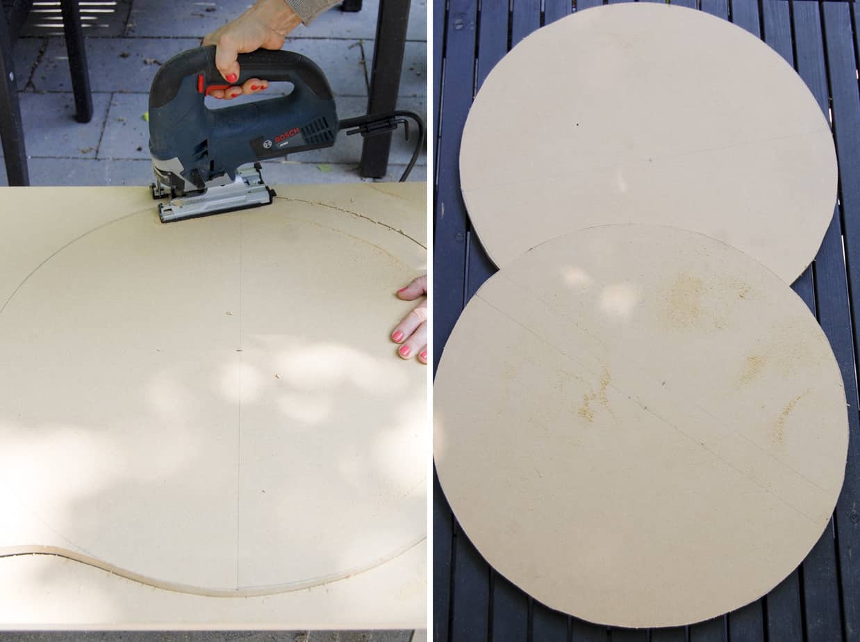 Bosch jigsaw cutting through MDF to create circles.