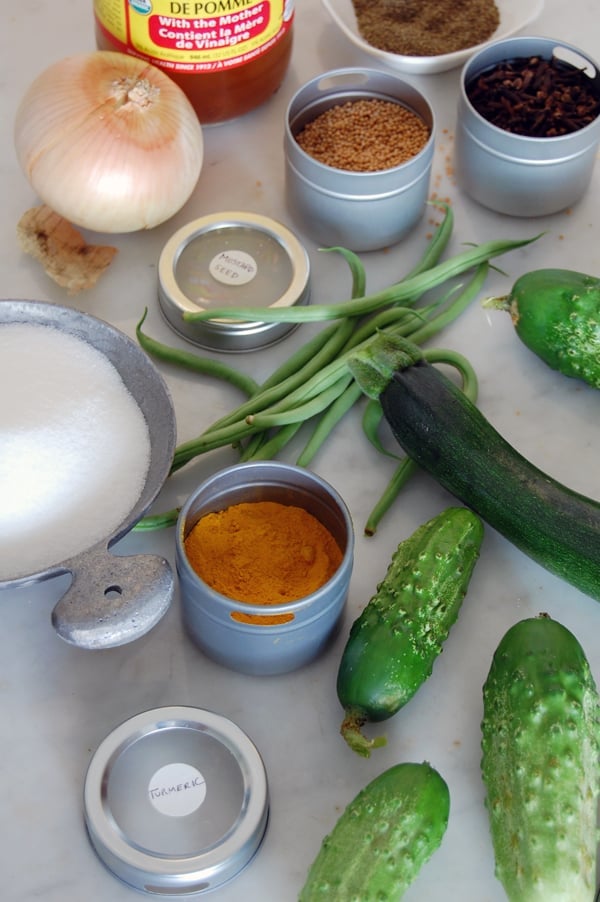 Bread and butter pickle ingredients laid out on a marble countertop including onion, pickles, beans, vinegar, salt and spices in spice jars.