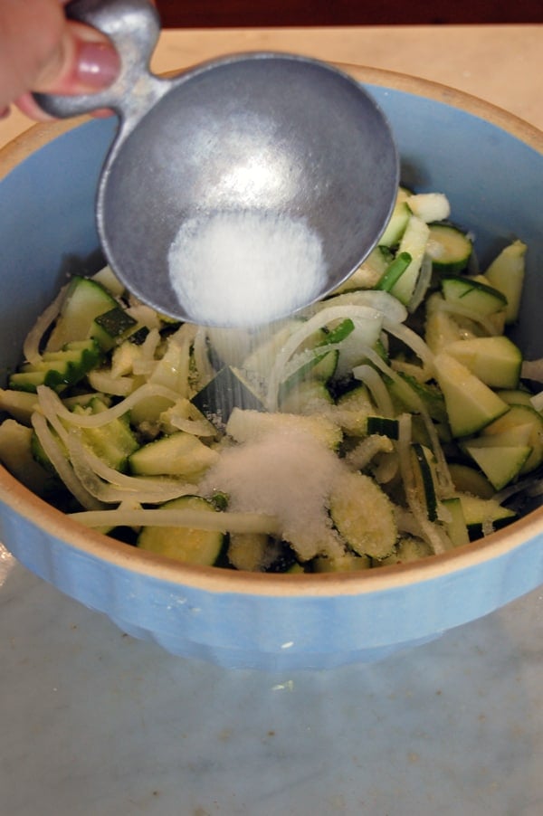 Salt being added to a big blue antique bowl filled with sliced onions, zucchini and cucumbers.