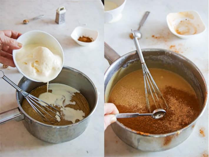 Side by side photos of ice cream being incorporated into hot buttered rum batter and whisking in spices on the right.