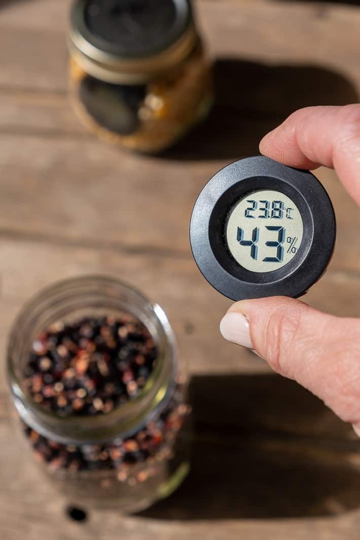 Small disk type hygrometer being held up with a reading of 43% and a temperature of 23.8C on it.