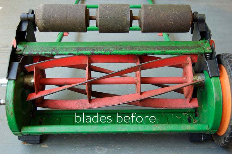 How to sharpen your push mower's blades. Red reel of a Lee Valley push mower.