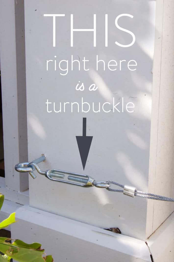 Turnbuckle attached to eye bolt on porch post