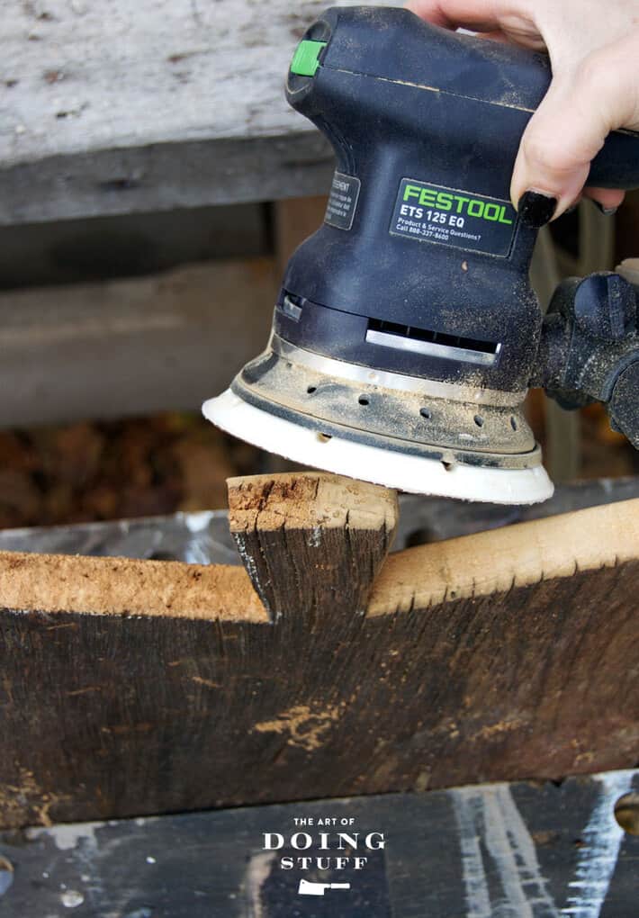 Festool palm sander, rounding out edges on newly made cheese board.