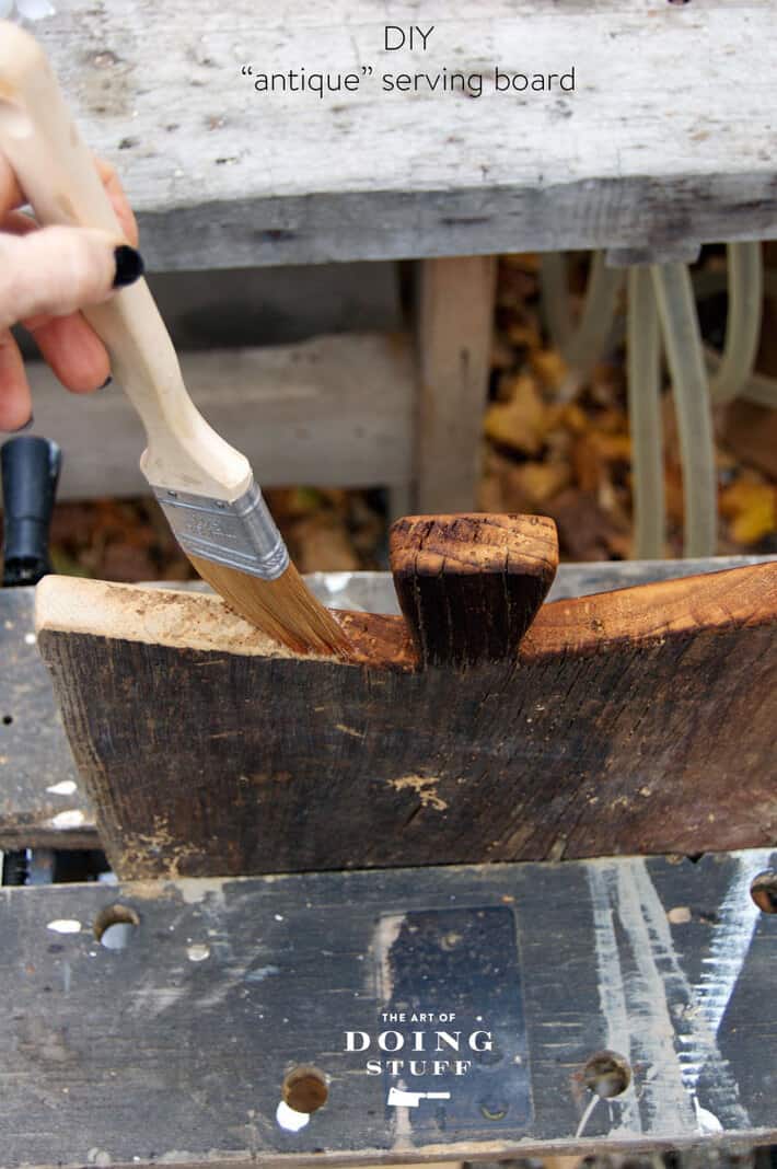 Using a stain made of vinegar and steel wool to discolour newly cut wood edges.