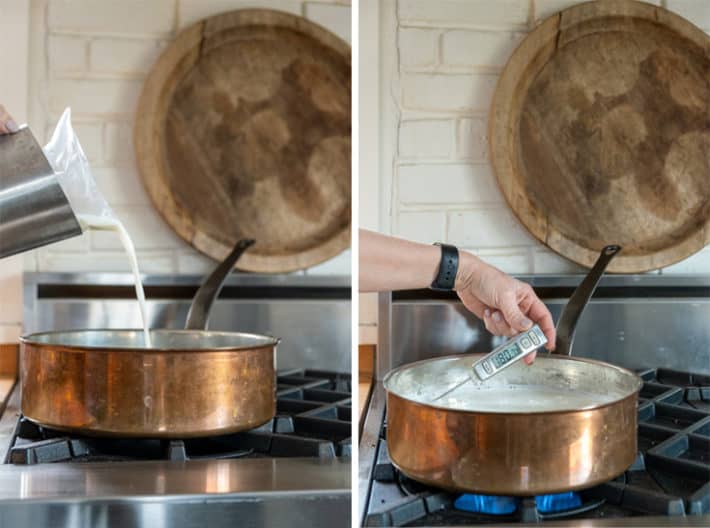 Pouring 1% milk into a copper pot on the stove and testing the temperature for making yogurt.