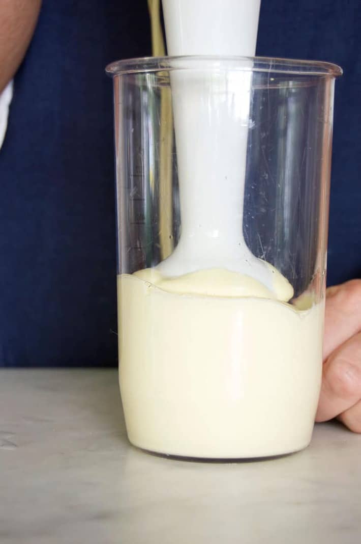 Fully mixed mayonnaise using immersion blender.