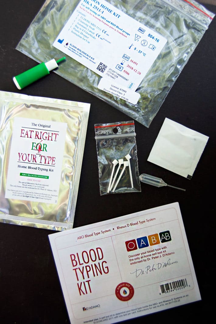 Eat right for your type blood typing kit laid out.