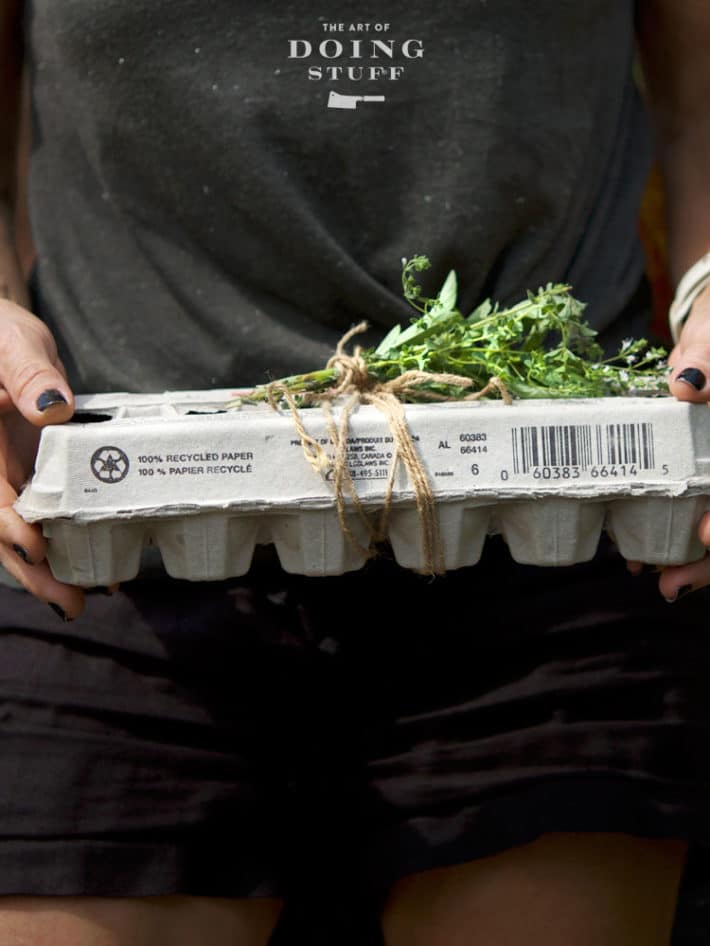Cardboard egg carton tied with a bundle of string and herbs on top.