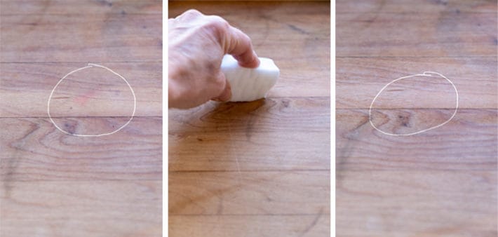 Using a magic eraser on a butcher block stain.