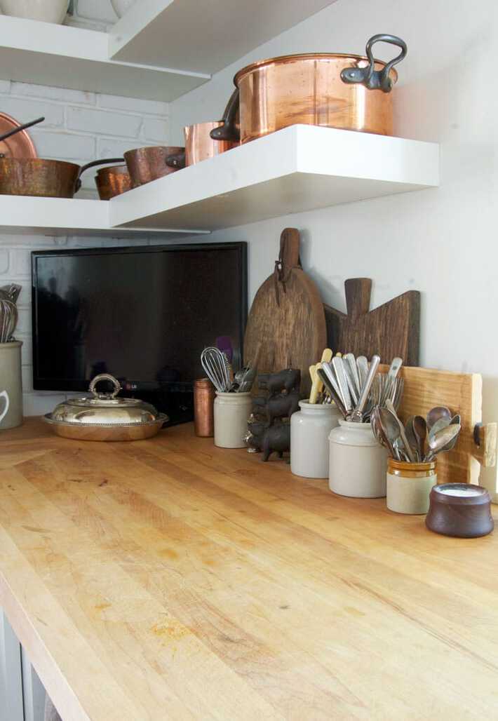 Maple butcher block countertops after 7 years of use developing a patina.