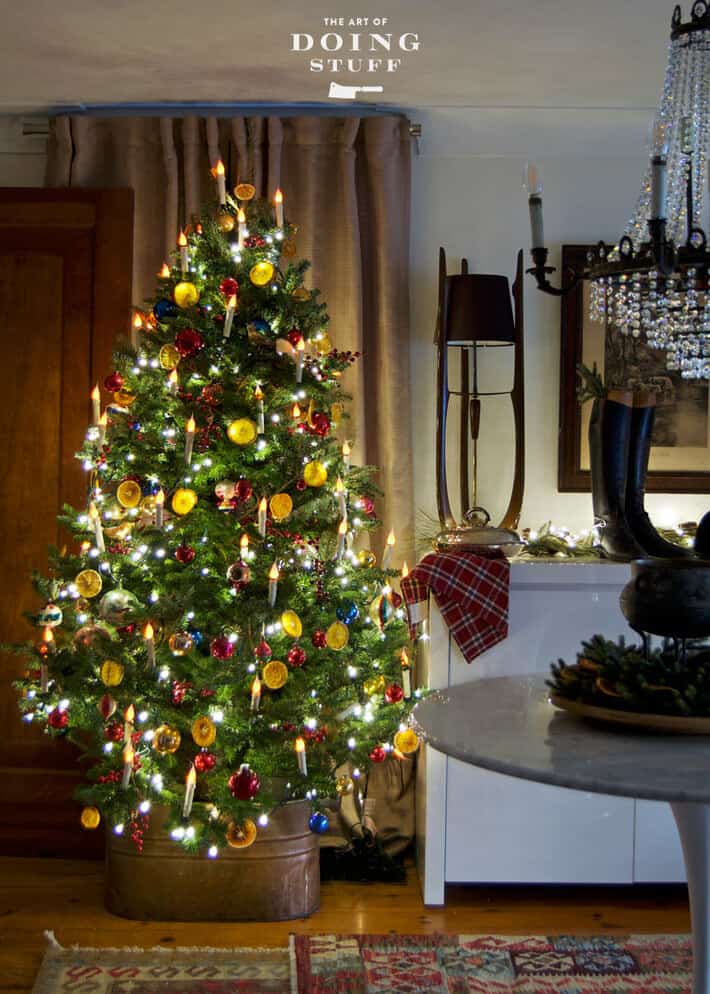 glowing dried orange slices on Christmas tree