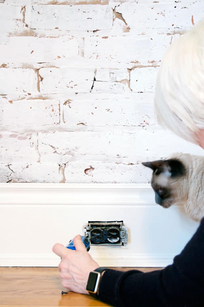 Unscrewing brown electrical outlet from box in white painted baseboard while cute Burmese cat looks on.