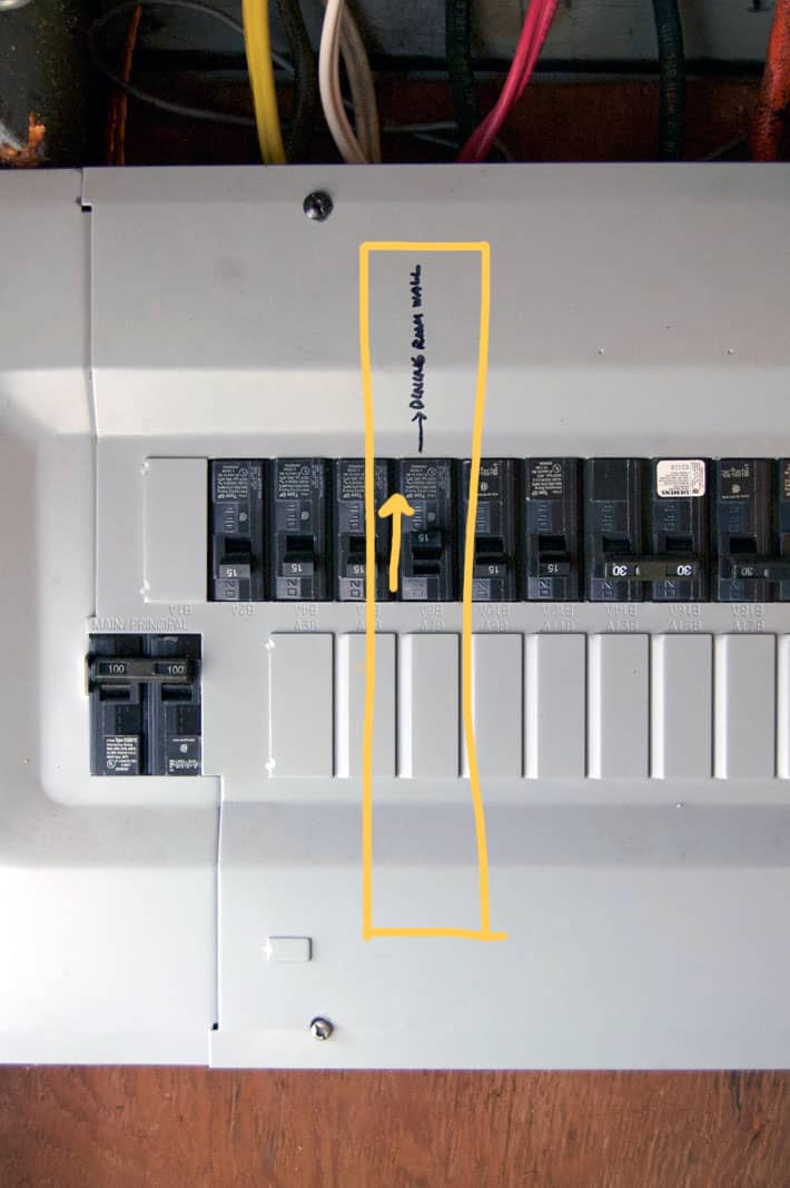 Electrical panel with one breaker turned off.