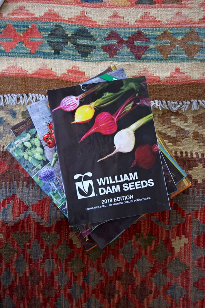 Stack of colourful seed catalogues sitting on layered Turkish rugs.