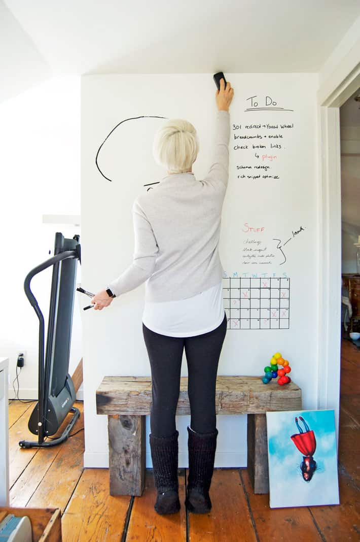 Large white wall acting as a large dry erase calendar in home office.