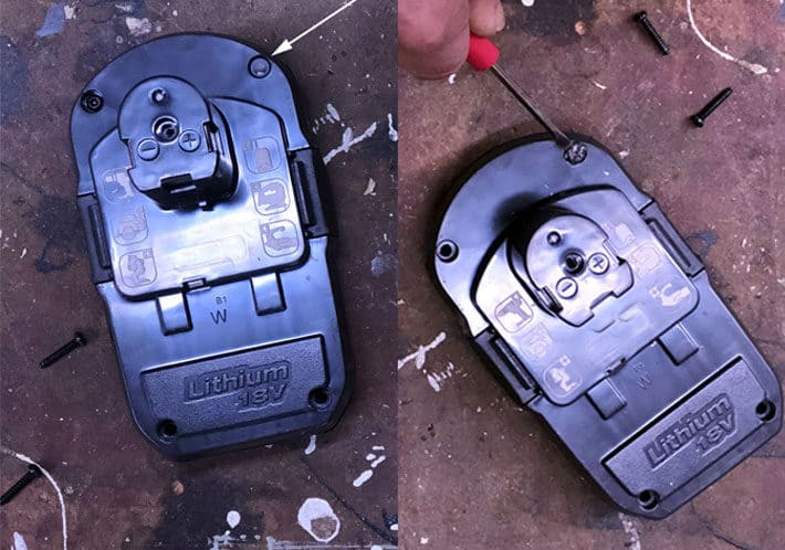 Side by side view showing you how to remove small cap on 18 volt lithium battery.