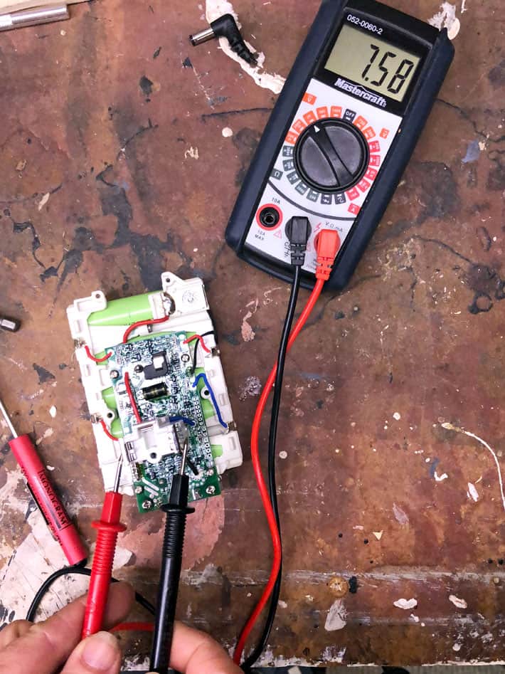 Testing a cell on an 18volt battery with a multimeter with a reading of 7.58.