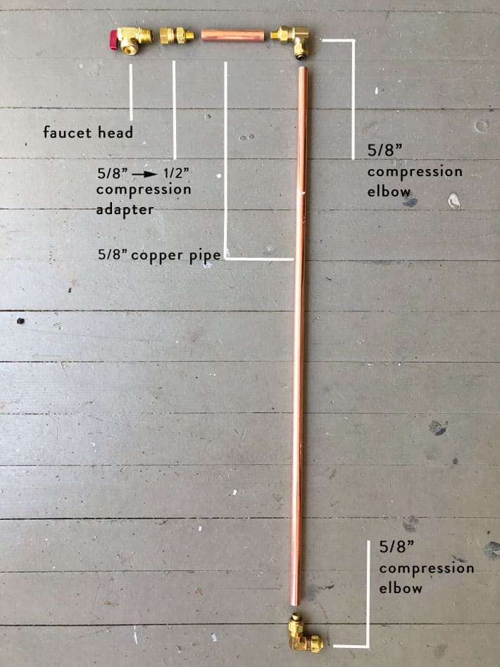 Layout of new outdoor tap with all the pipe and fittings lined up on the floor.