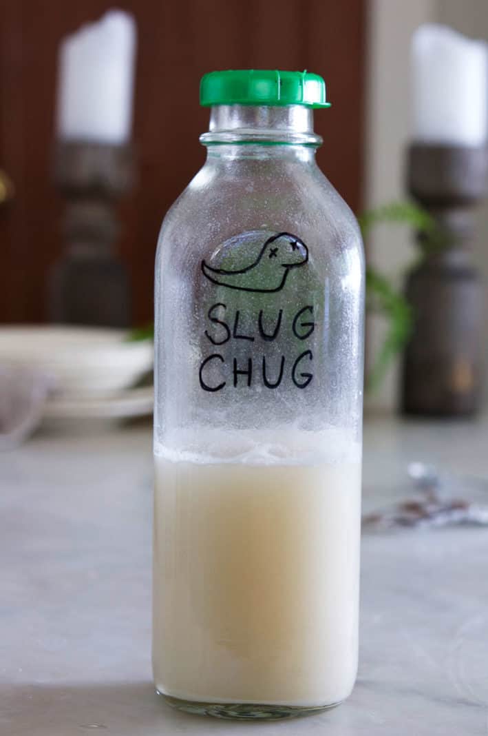 A glass milk bottle filled with homemade slug bait with a handwritten label stating "Slug Chug".