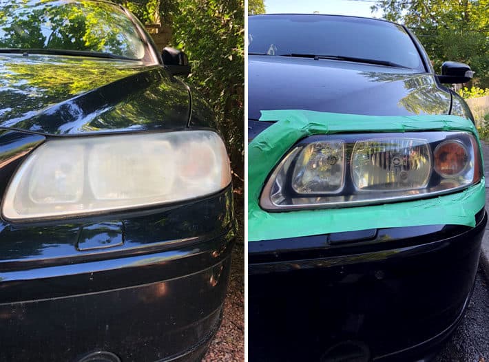 Side by side view of a car headlight before and after car cleaning it with sandpaper.