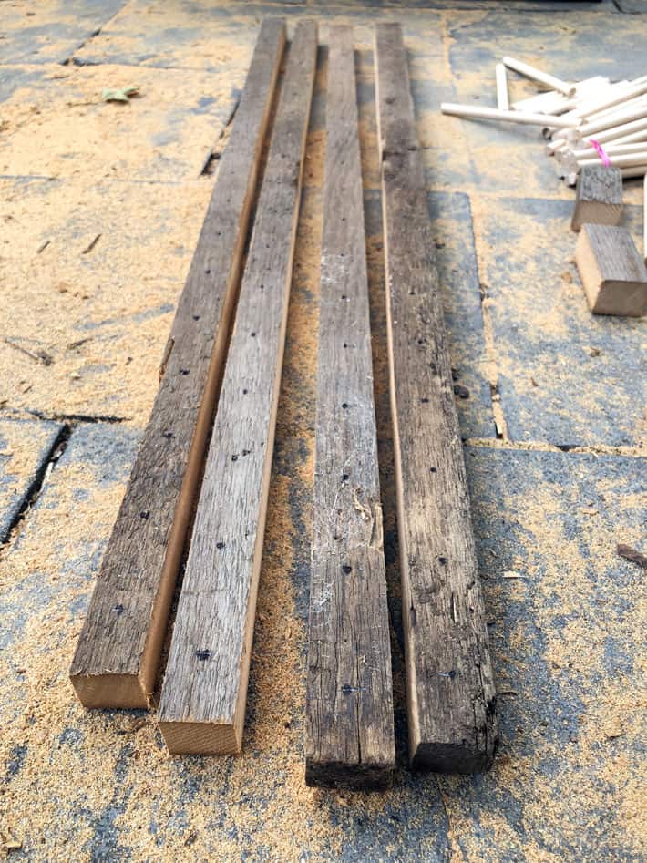 Make a wood plate rack. A fast, easy, useful DIY. 1X1 strips of barn board, each marked along the centre with dots of Sharpie every 2 inches.