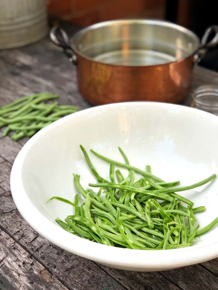 Frenched green beans in an ironstone bowl.