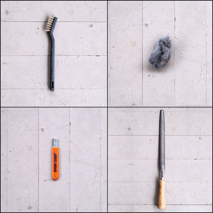 Grid of everything you need to sharpen garden tools including a metal brush, steel wool, speedy sharp and a bastard file.