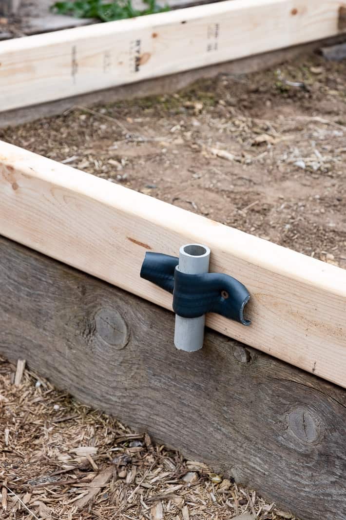 A 5" piece of 1" pipe attached to the outside end of a hoop house frame, secured with a small length of garden house screwed around the pipe like a clamp.