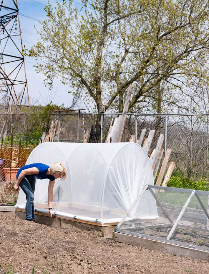 Lifting the lid of a DIY hoop house with hinges.