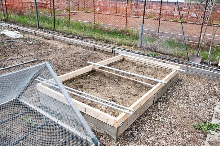 Hinged hoop house frame build, with lengths of electrical conduit laying across the top, ready to be attached.