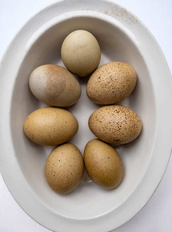 Ironstone bowl with green speckled eggs from an Olive Egger chicken.