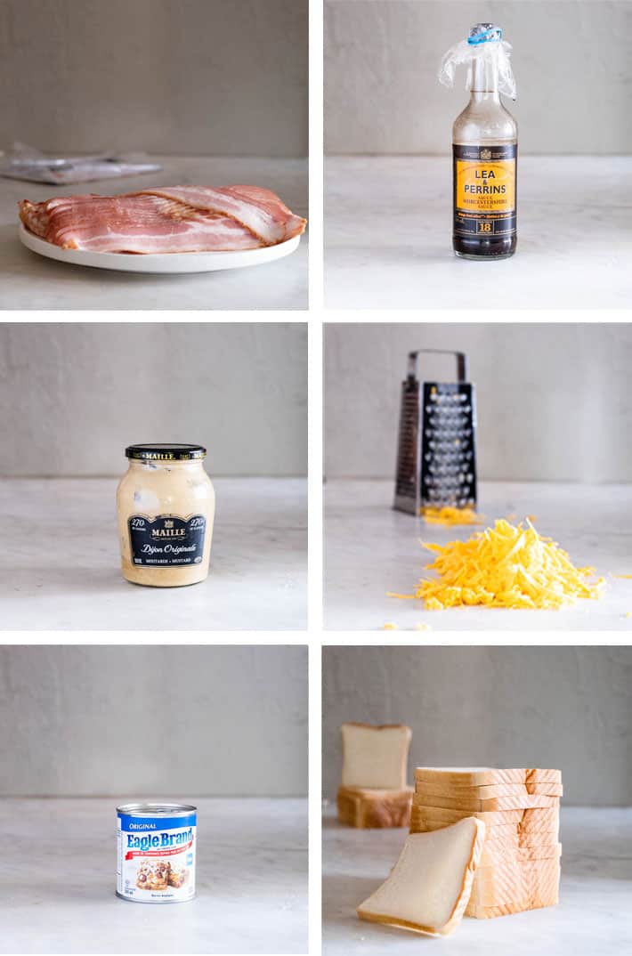 Crispy, salty bacon wrapped around gooey cheese filled bread. THE holiday appetizer. Bacon wrap ingredients on marble counter; bacon, worcestershire sauce, dijon, cheese, sweetened condensed milk, bread.